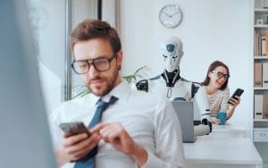 benefits of AI voice showing an AI robot answering customer questions.